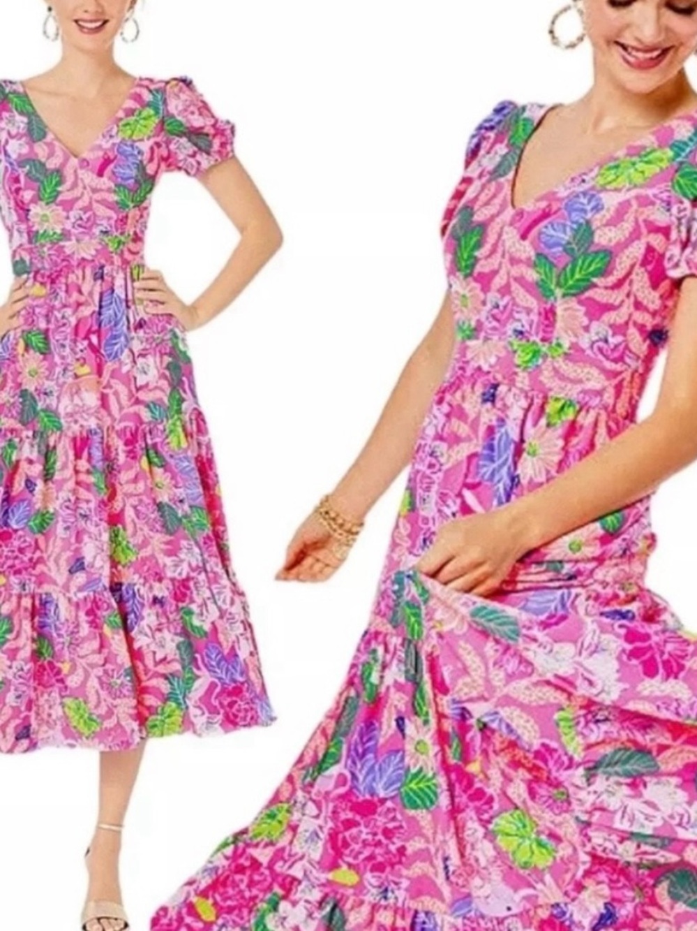 Lilly Pulitzer Hot Pink Floral V-Neck Midi Dress with Puff Sleeves